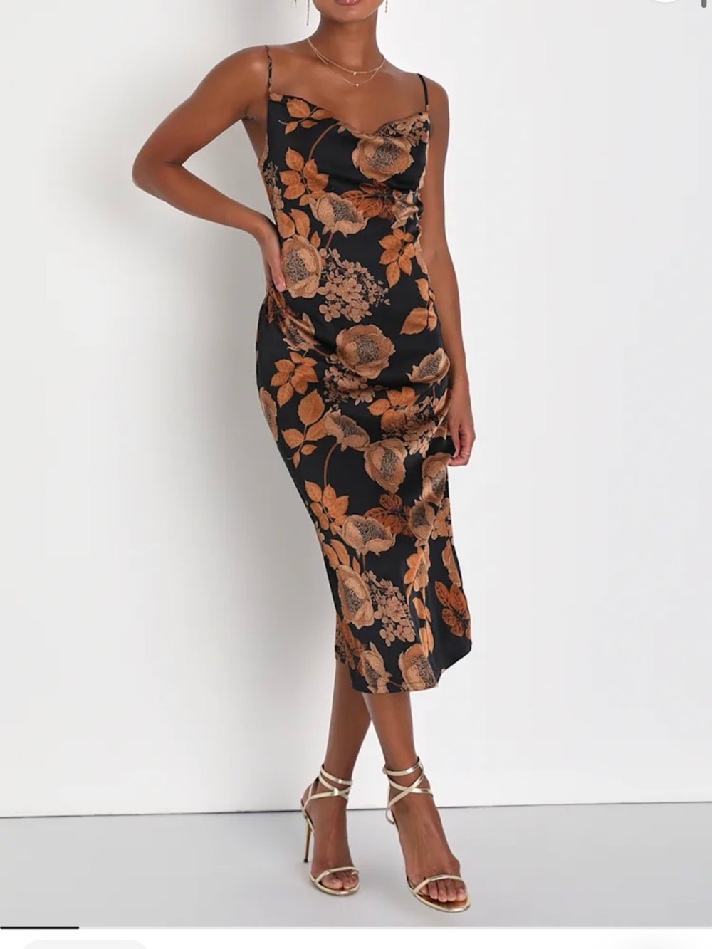 Lulu's Black Slip Midi Dress with Copper Floral Print